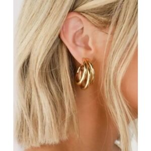 NEW! Anthropologie Triple Layer hollow Half Hoop Gold Plated Post Earrings